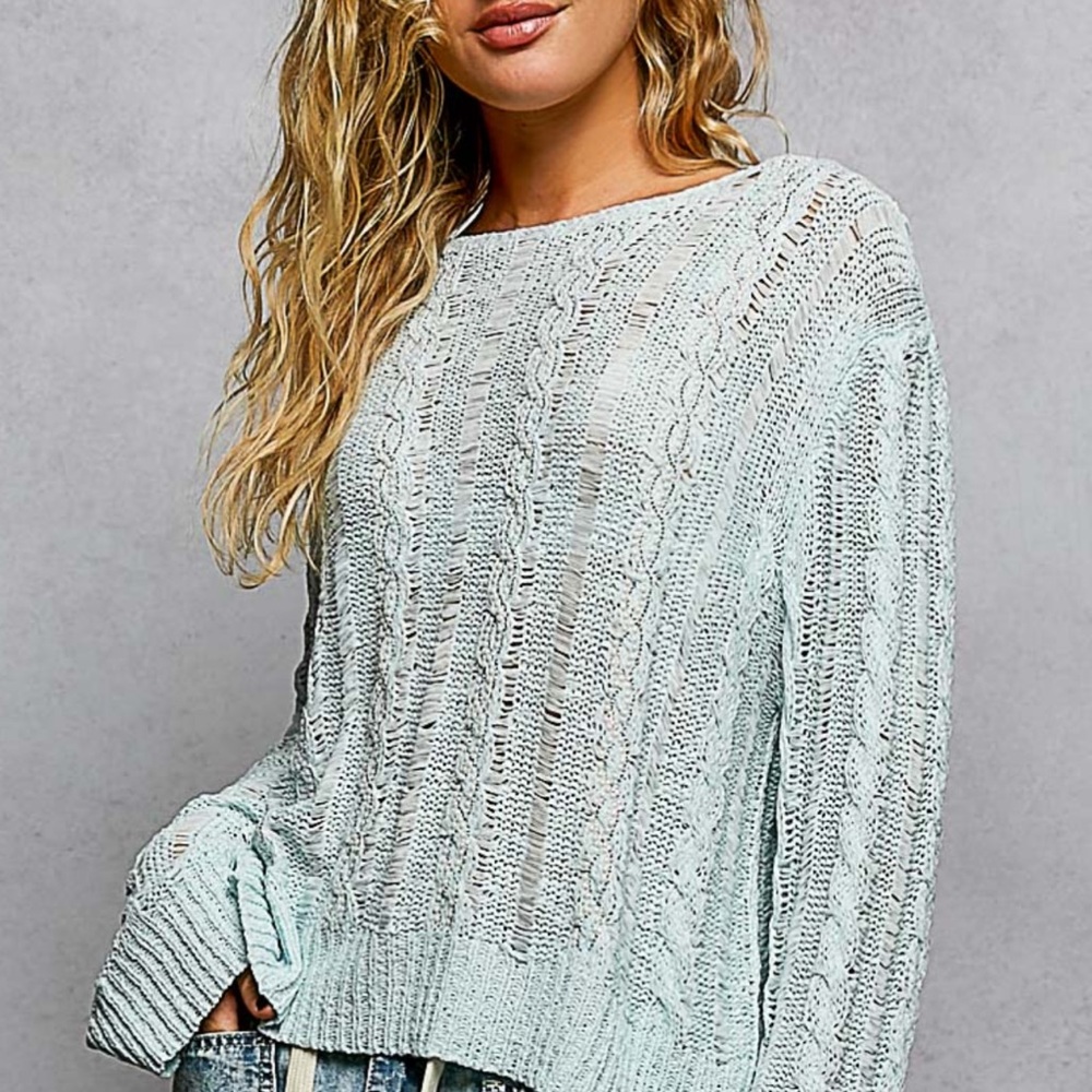 POL Light Powder Blue Cable Knit Sweater with Beaded Embellishments. - Picture 3 of 6